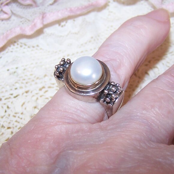 Vintage Michael Dawkins Sterling Silver 14K Gold Pearl Ring - Size 5.75 - Picture 6 of 14
